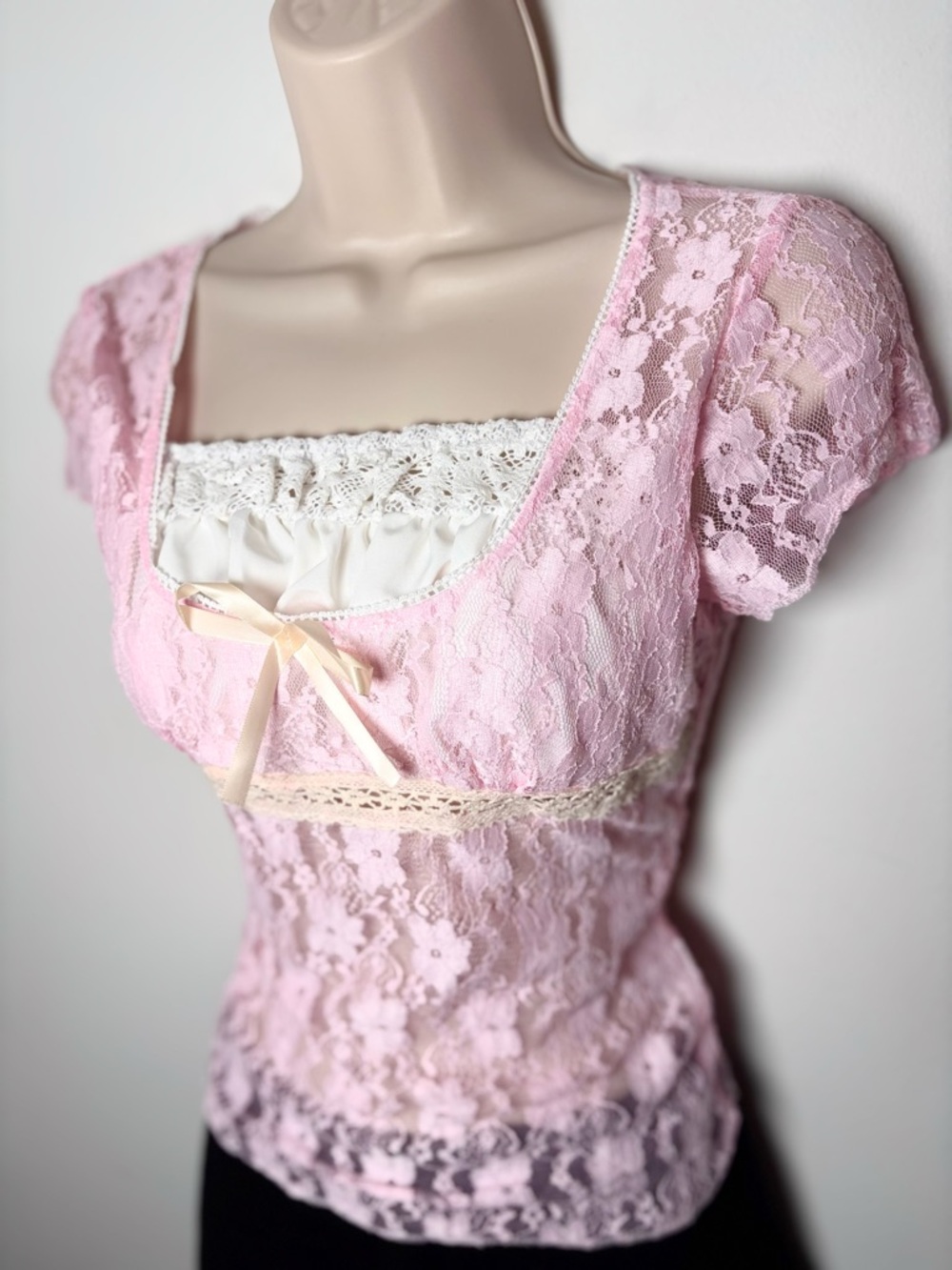 Pastel Pink Lace Overlay Coquette Milkmaid Top - Picture 3 of 6